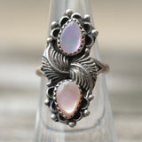 Vintage Sterling 2-Stone Mother Of Pearl Feather Ring 5.75
