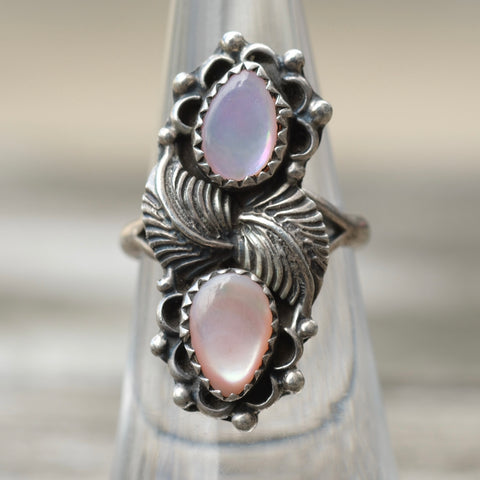 Vintage Sterling 2-Stone Mother Of Pearl Feather Ring 5.75