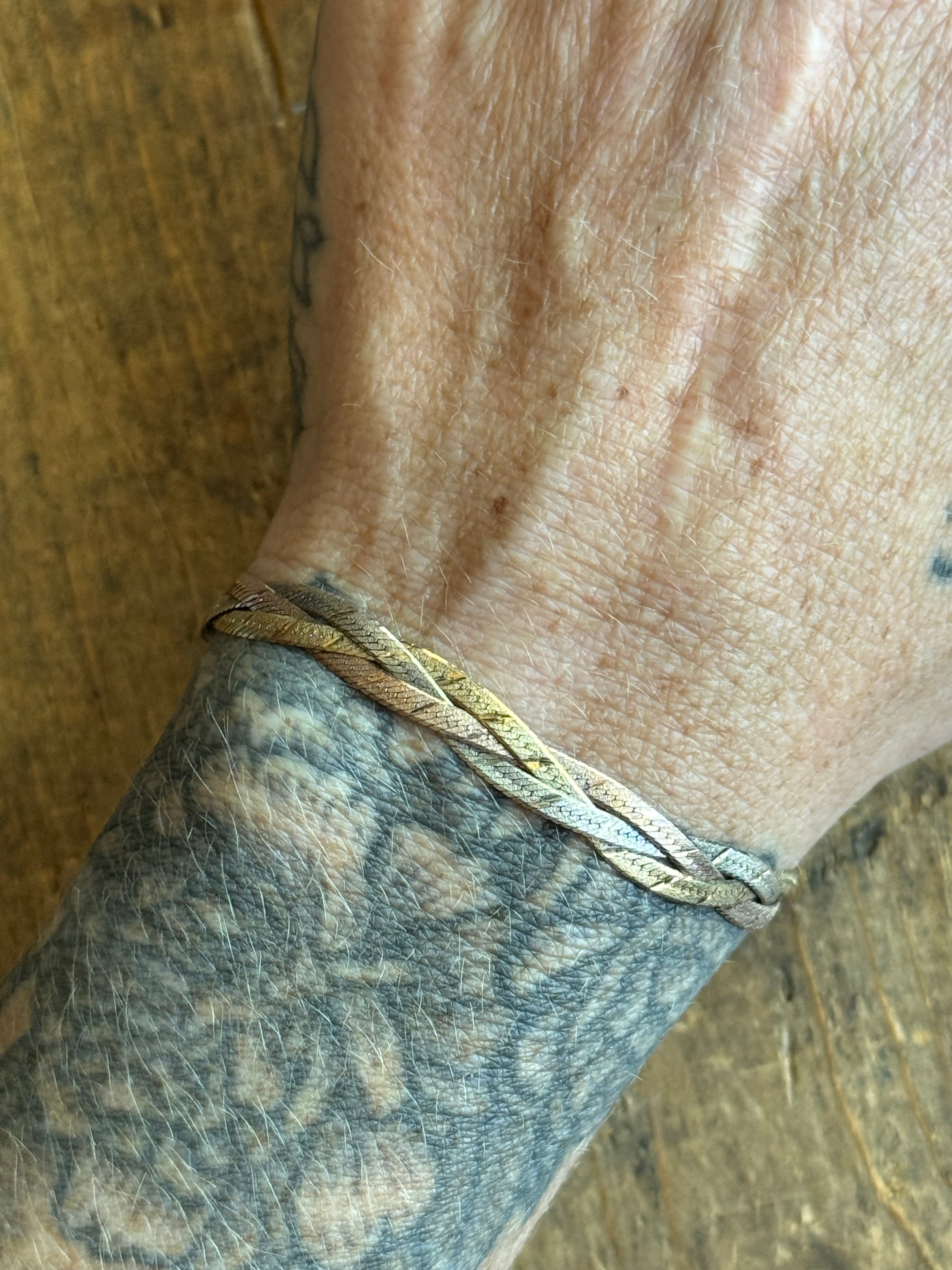 Vintage Sterling Silver Mixed-Tone Braided Herringbone Chain Bracelet 7.5"