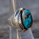Vintage Sterling Turquoise Feather Stamped Band Ring 7.25