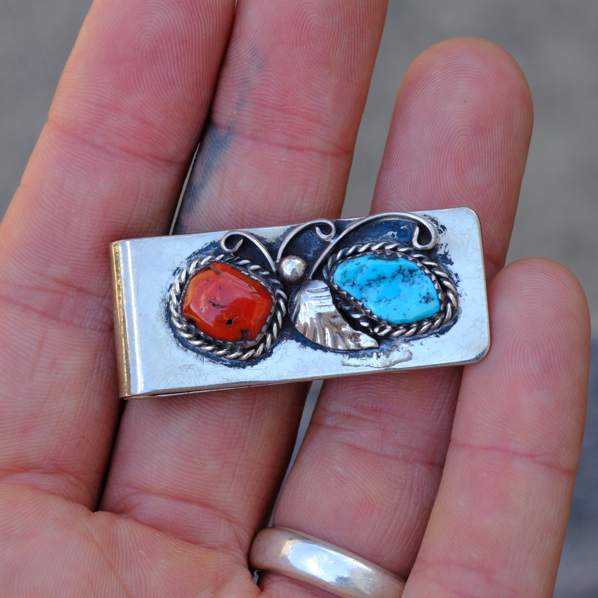 Vintage Turquoise and Coral Feather Money Clip