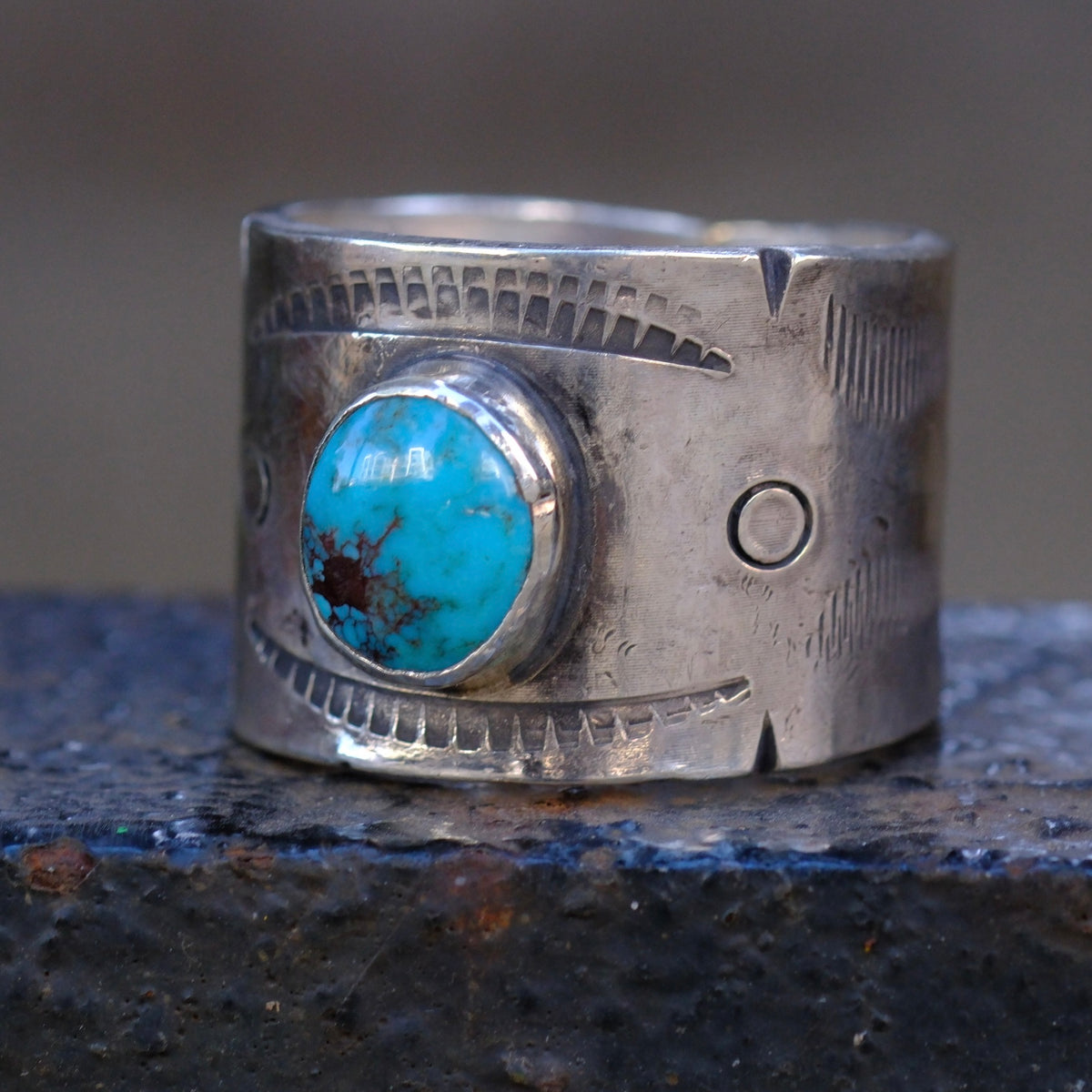 Sterling Silver Bisbee Turquoise Stamped Cigar Band Ring 11