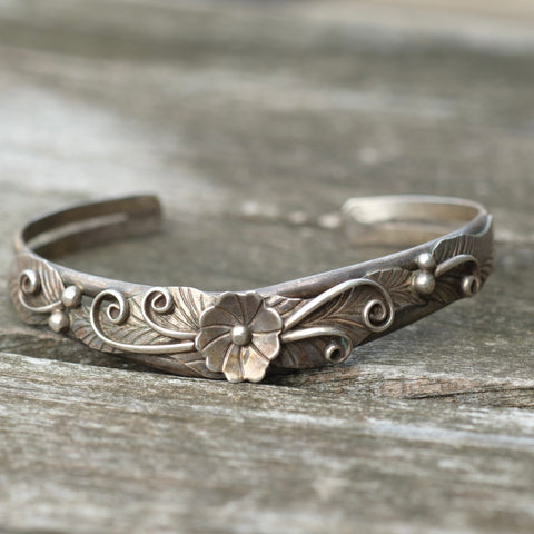 Vintage STerling Silver Blossom Feather Cuff