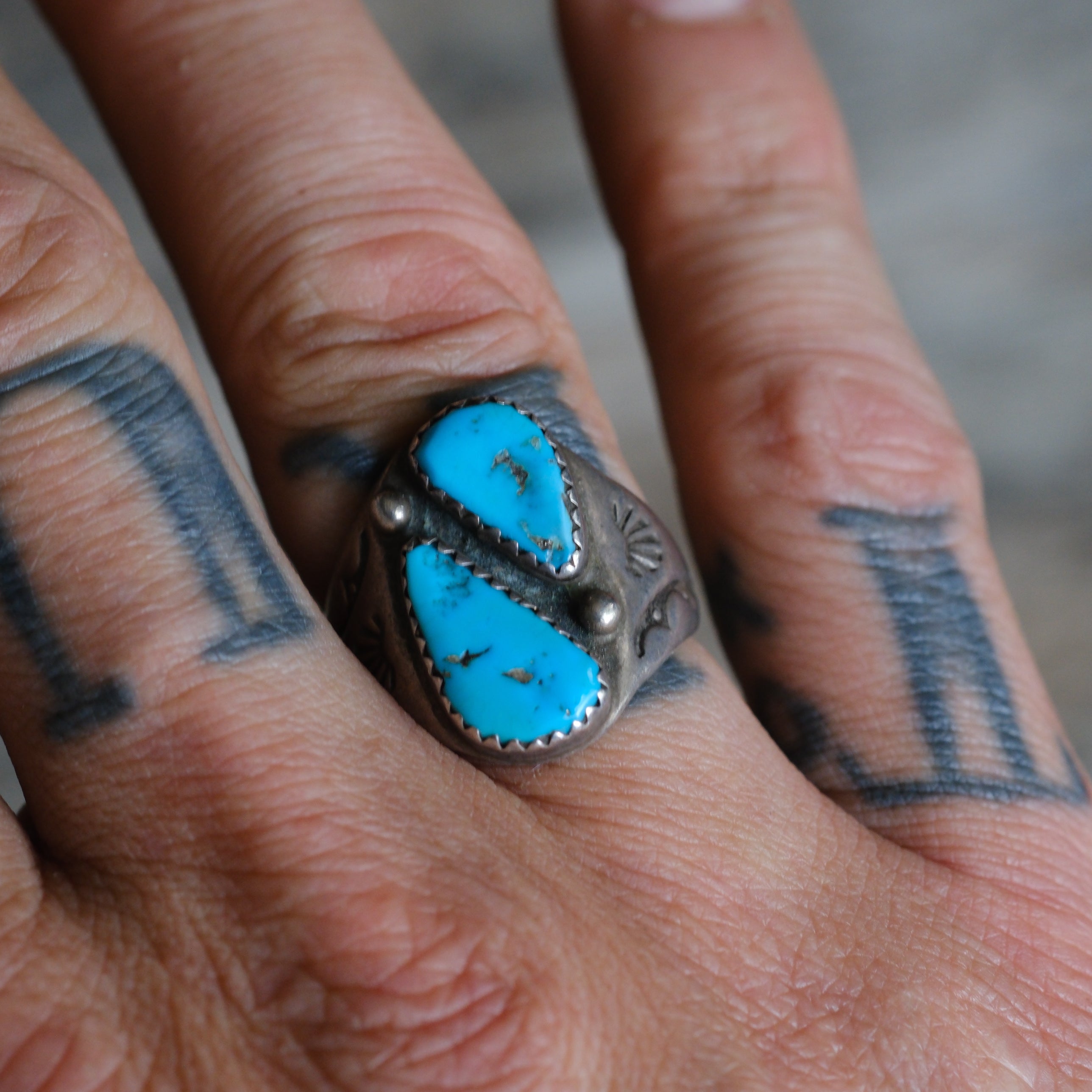 Vintage Sterling 2-Stone Turquoise Stamped Band Ring 9.25
