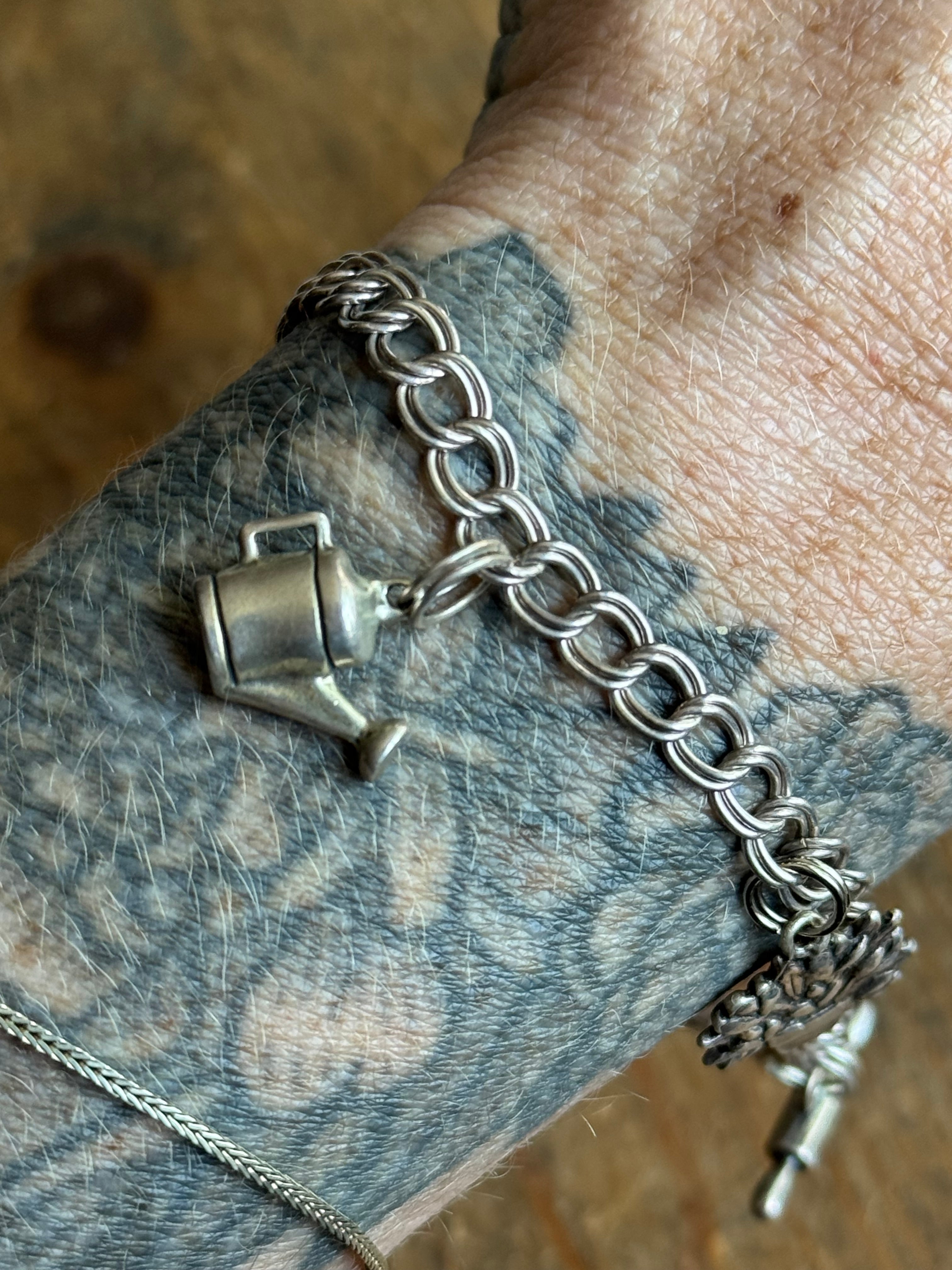 Vintage Sterling Silver 8” Double Link Chain Charm Bracelet