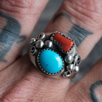 Vintage Sterling Turquoise and Coral Ring 11