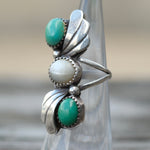 Vintage Sterling Turquoise and MOP Feather Ring 3.75