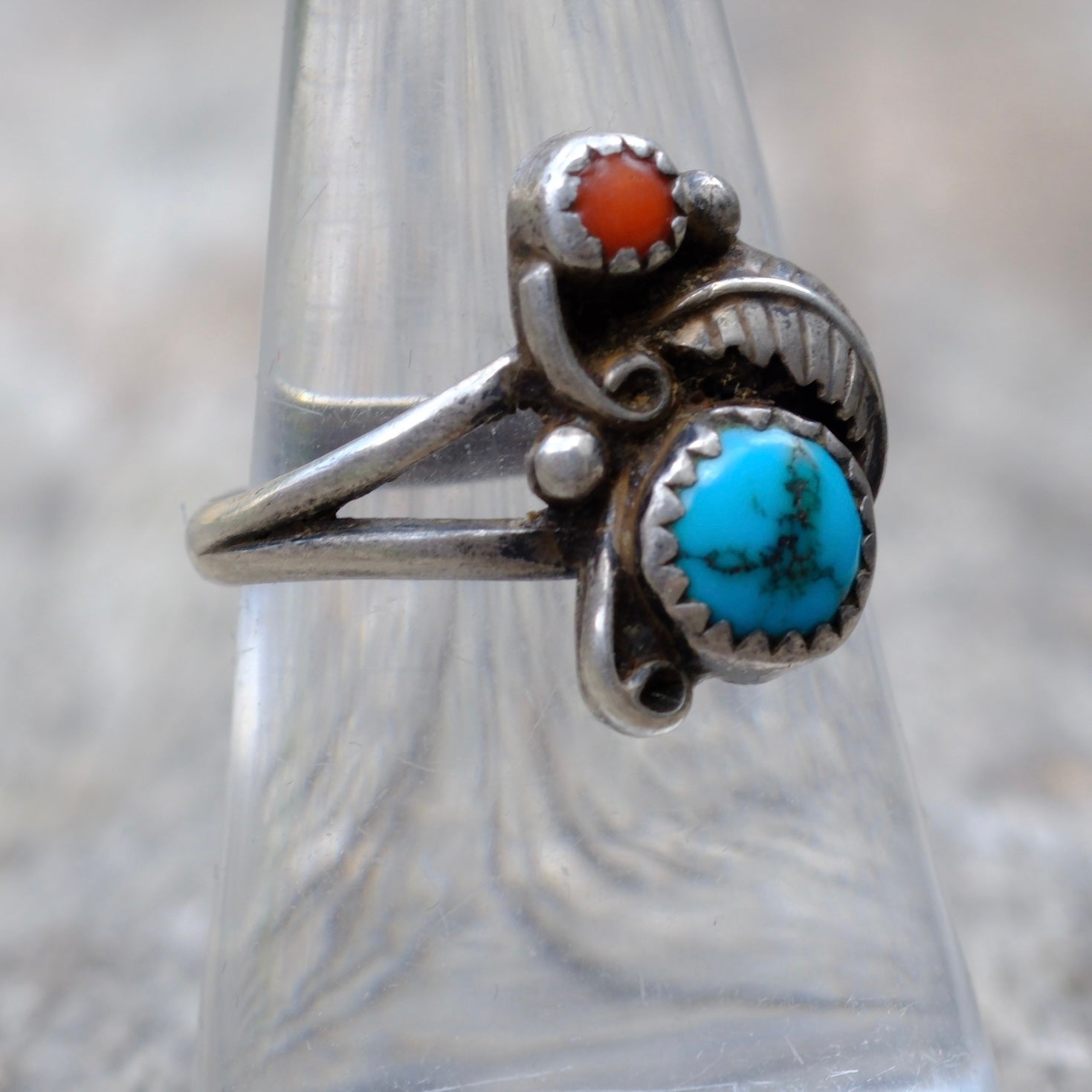 Vintage Sterling Silver Turquoise & Coral Feather Ring 7.5