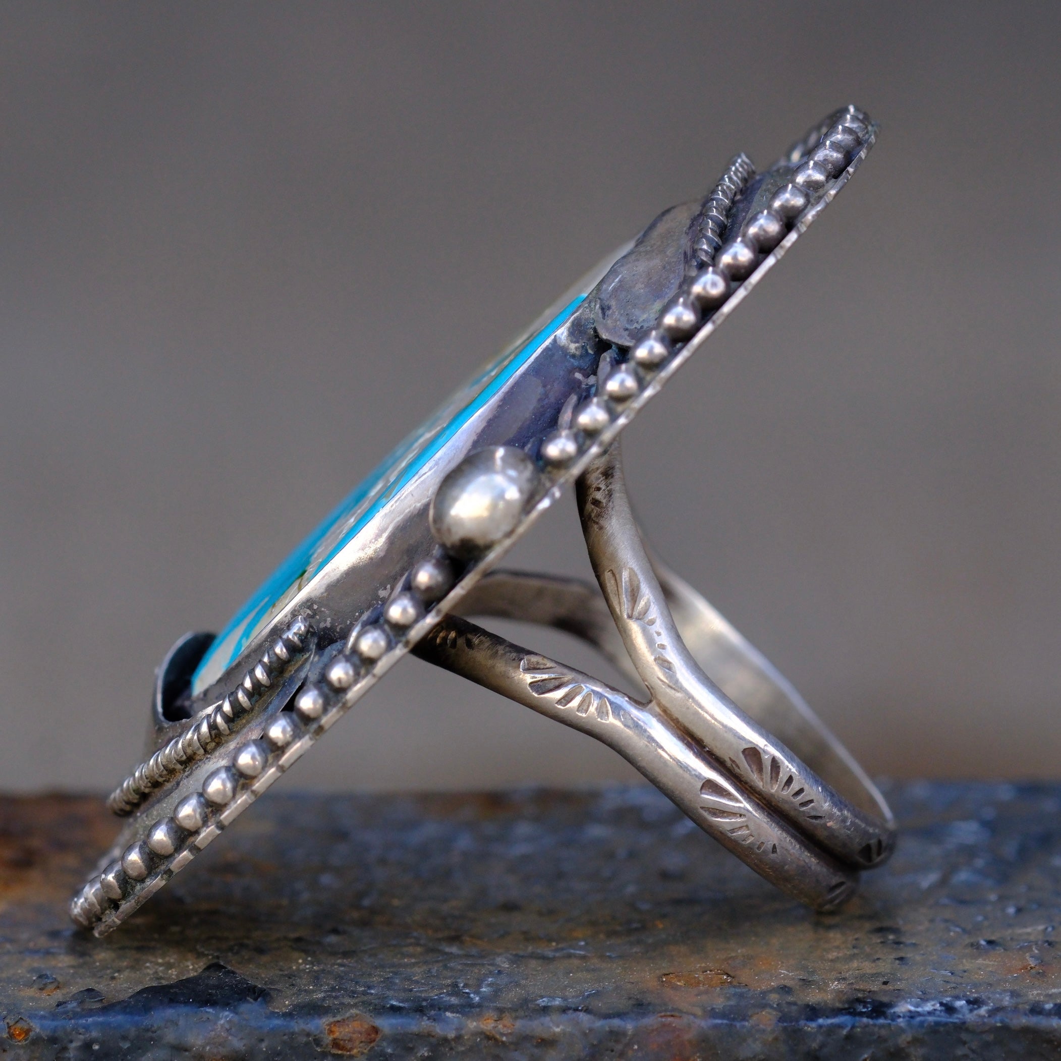 Massive Vintage STerling Turquoise Feather Ring 11.5