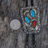 Vintage Sterling Turquoise and Coral Feather Bolo Tie