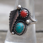 Vintage Sterling Turquoise and Coral Feather Ring 7.75