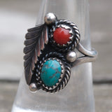 Vintage Sterling Turquoise and Coral Feather Ring 7.75