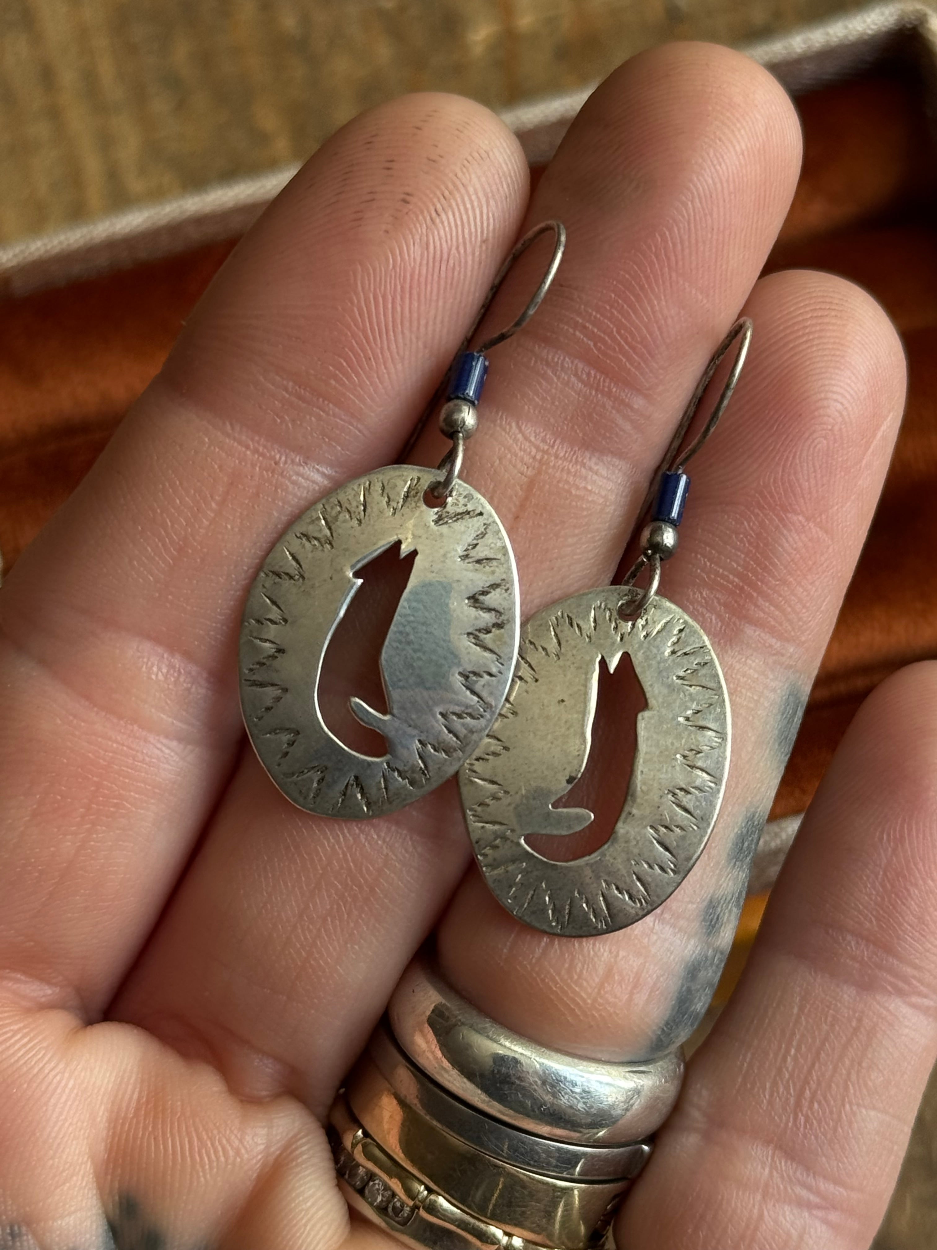 Vintage Sterling Silver Coyote & Lapis Bead Earrings