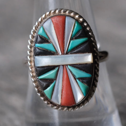 Vintage Sterling Zuni Inlay Roper Ring 9.25