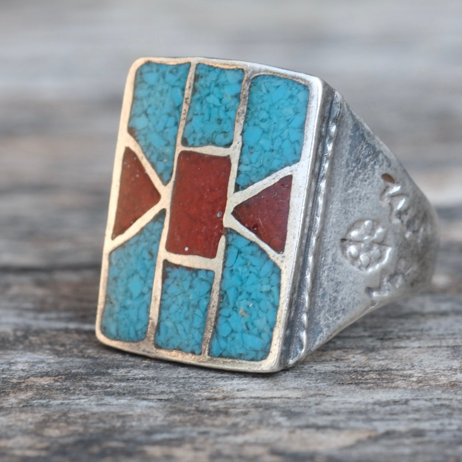 Vintage Sterling Turquoise and Coral Inlay Ring 10