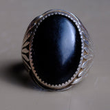 Vintage Sterling Onyx Ribbed Band Ring 10.25