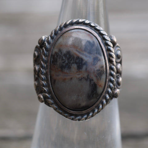 Vintage Sterling Petrified Wood Ring 4.5