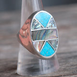 Vintage Sterling Abalone and Turquoise Inlay Ring 9.5