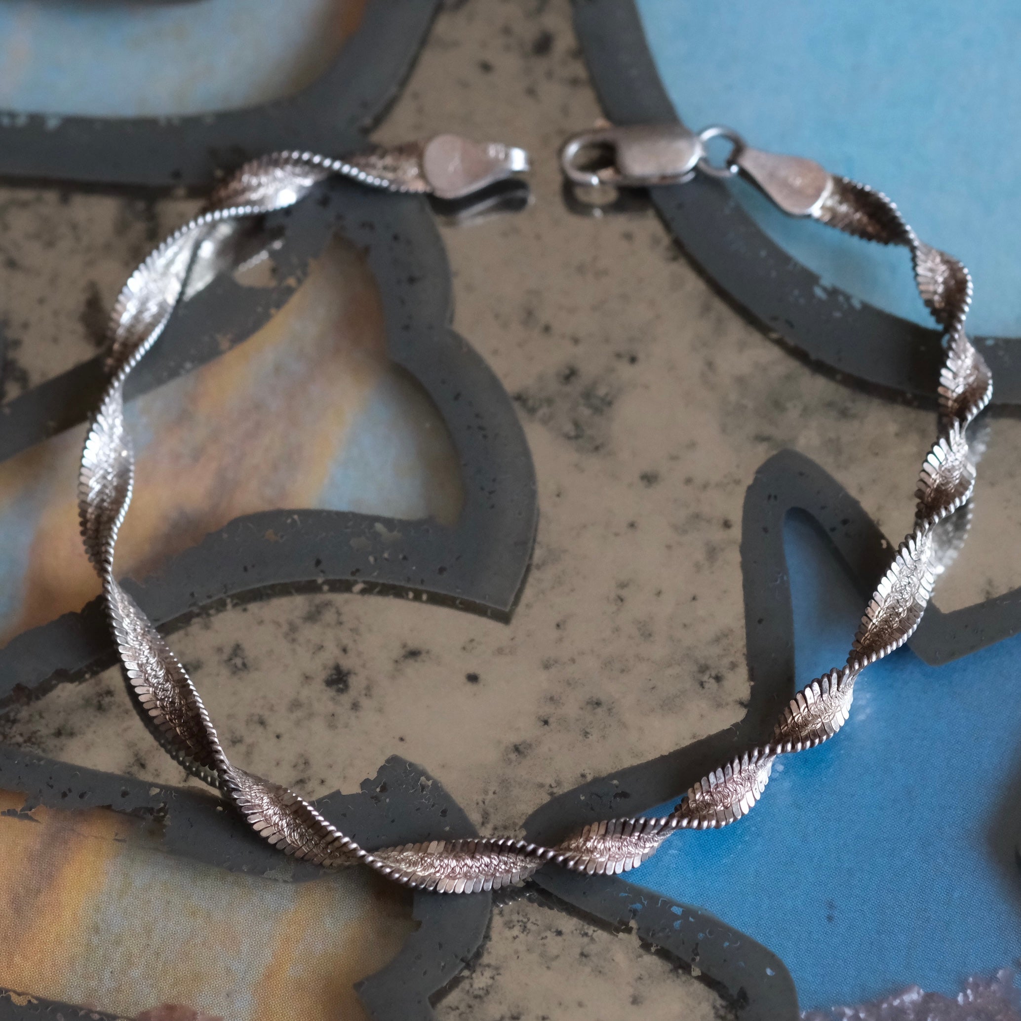 Vintage Sterling Silver Twisted Herringbone Chain Bracelet 7.5"