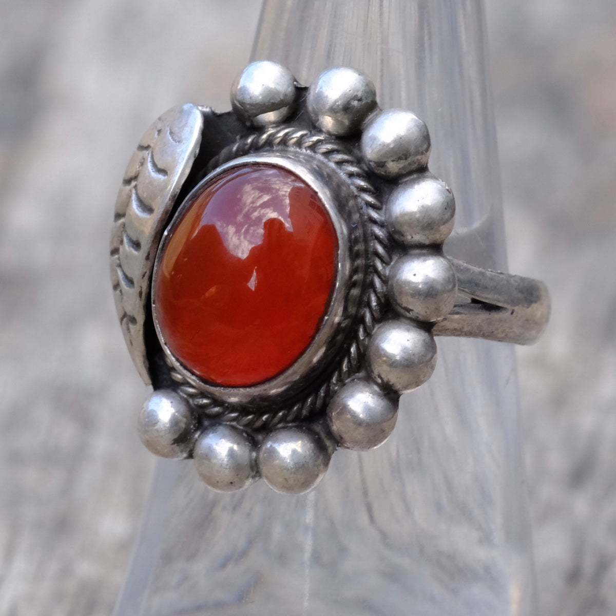 Vintage Sterling Red Glass Feather Ring 6.75