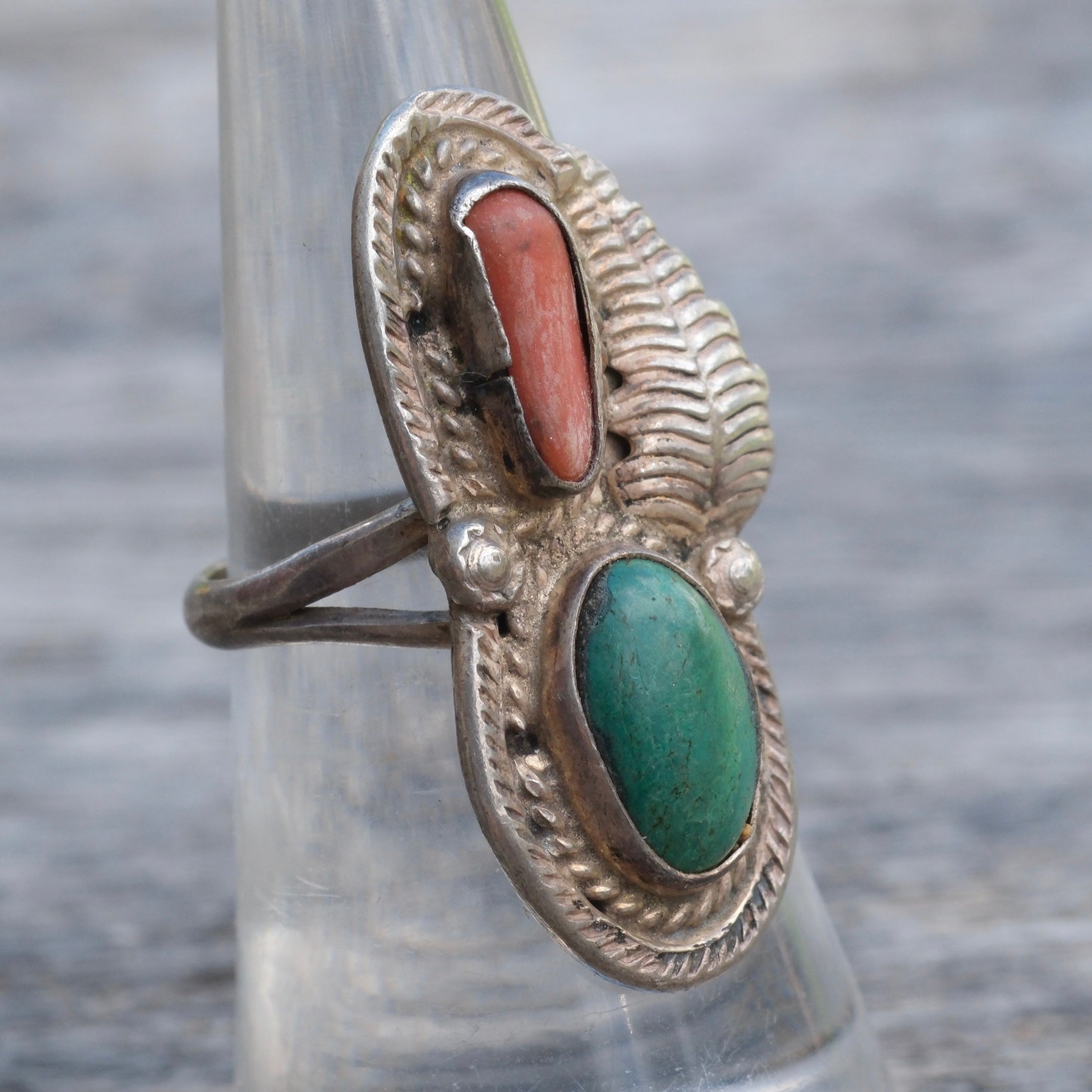 Vintage Sterling Turquoise and Coral Feather Ring 6.5