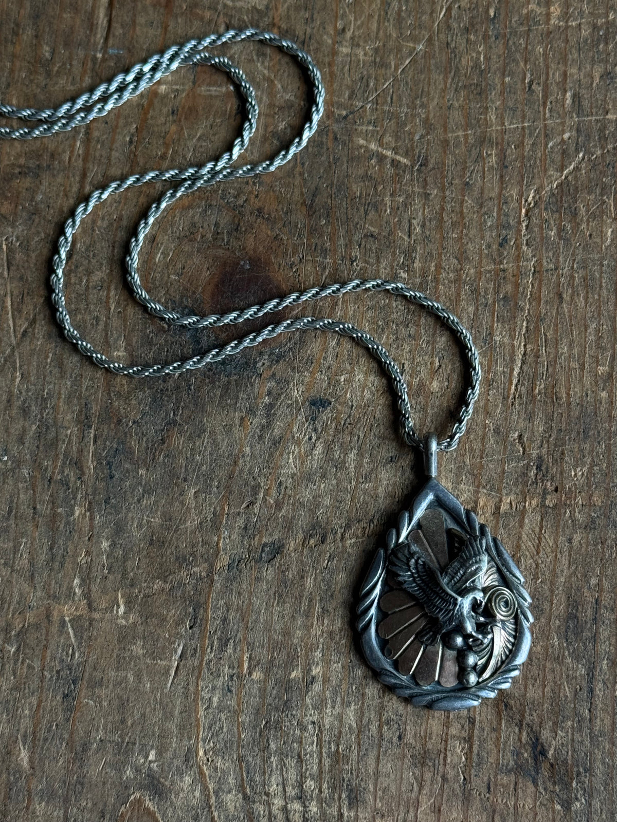 Vintage Sterling Silver & Brass Eagle Necklace