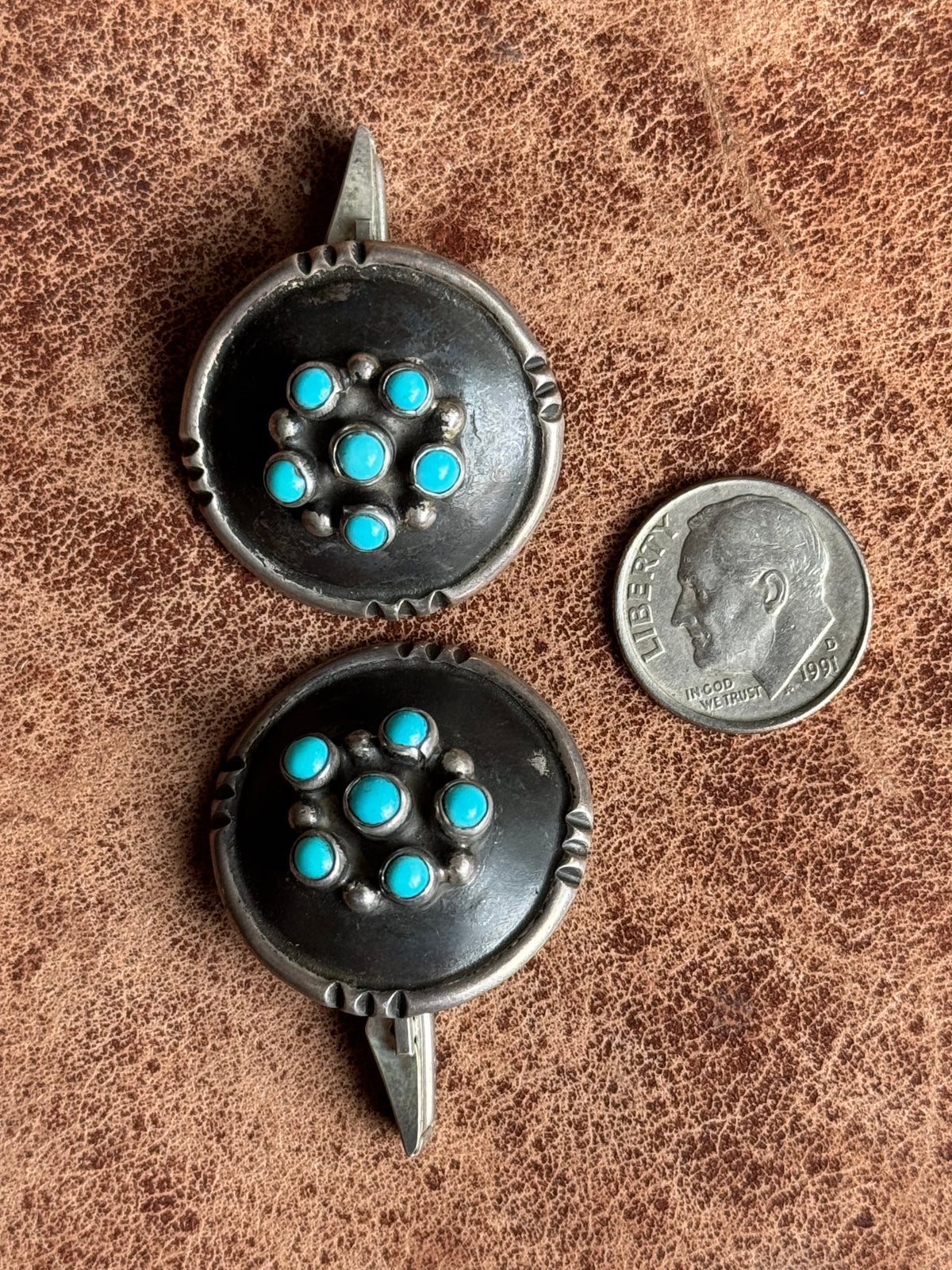 Vintage Sterling Silver Multistone Turquoise Concho Cufflinks