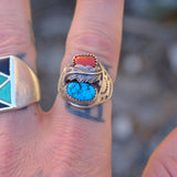 Vintage Sterling Turquoise and Coral Stamped Band Ring 9.5