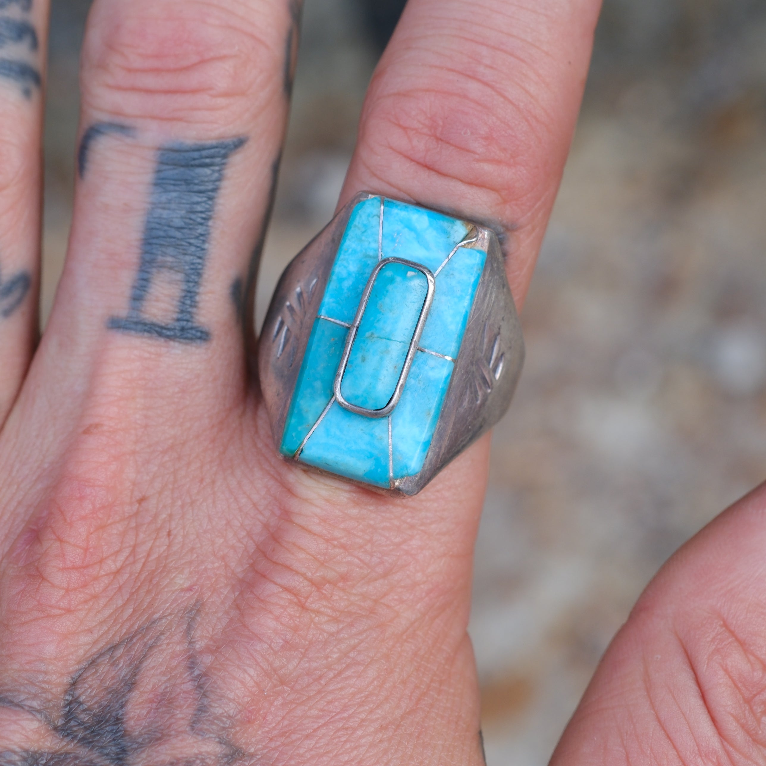 Vintage Sterling Turquoise Inlay Stamped Band Ring  14.25