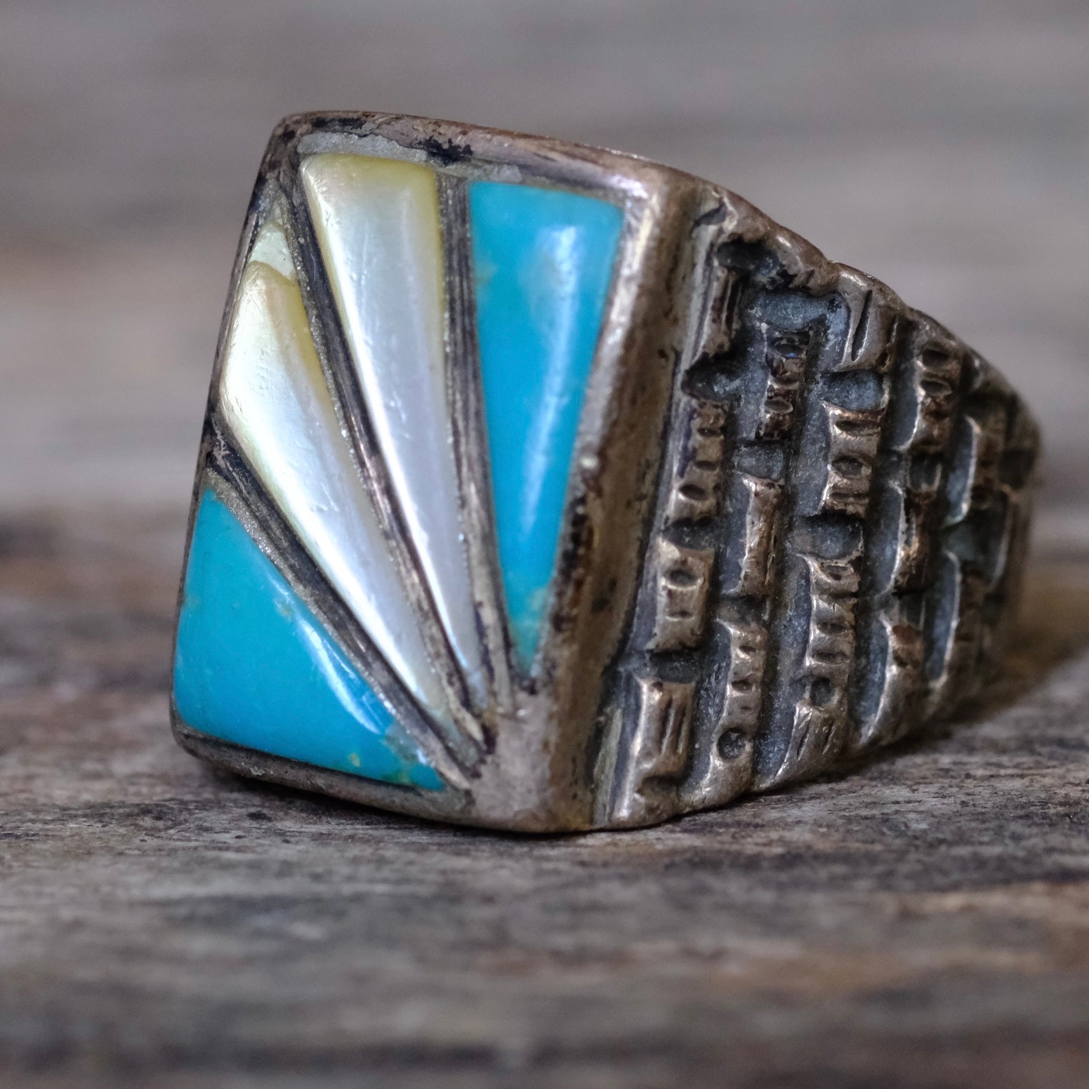 Vintage Sterling Turquoise and MOP Inlay Sunrise Ring 9