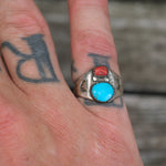 Vintage Sterling Turquoise and Coral Stamped Ring 5.5