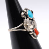 Vintage Sterling Turquoise and Coral Blossom Ring 5