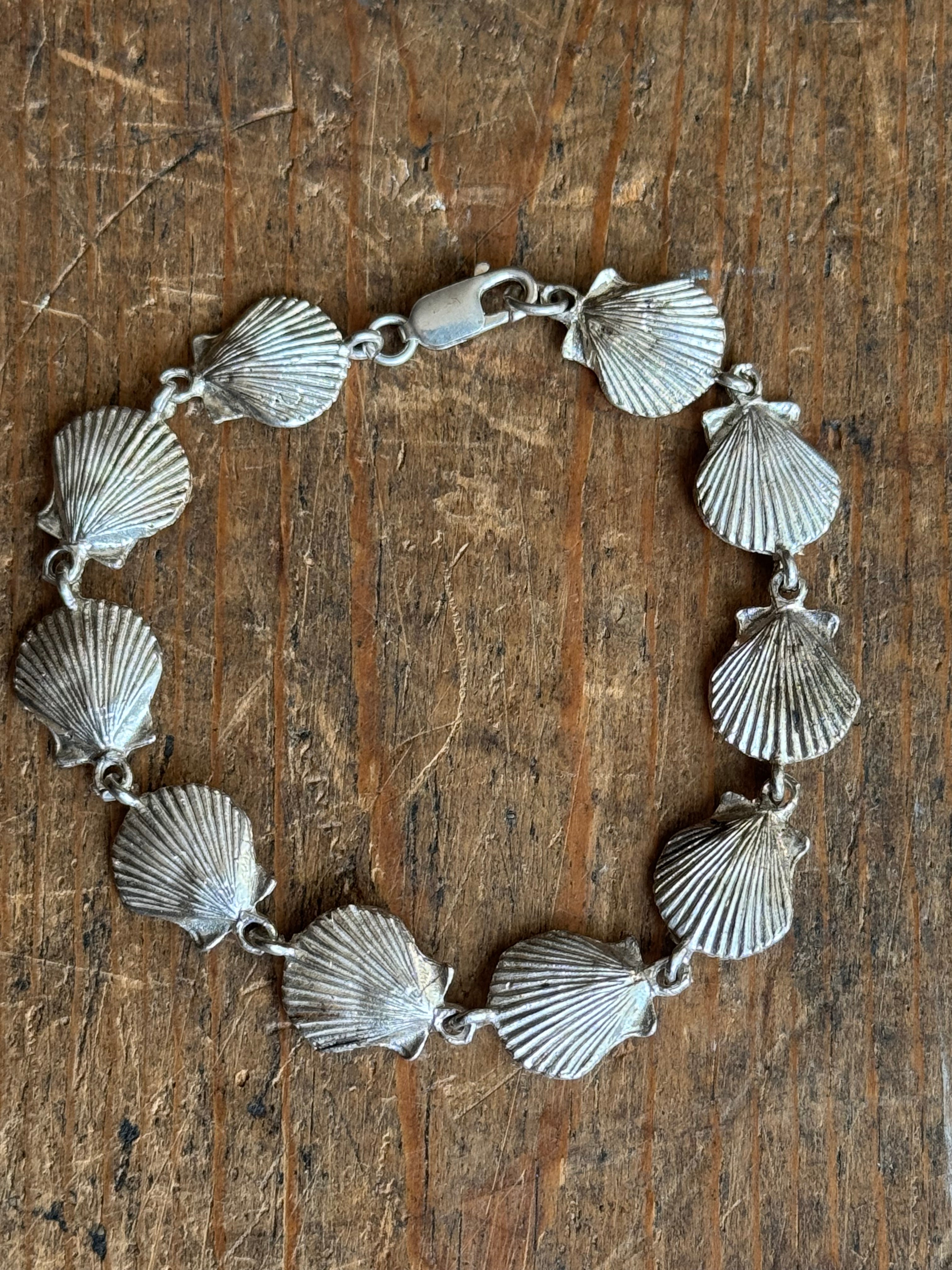 Vintage Sterling Silver 7” Seashell Link Bracelet