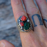 Chunky Vintage Sterling Turquoise and Coral Ribbed Band Ring 11