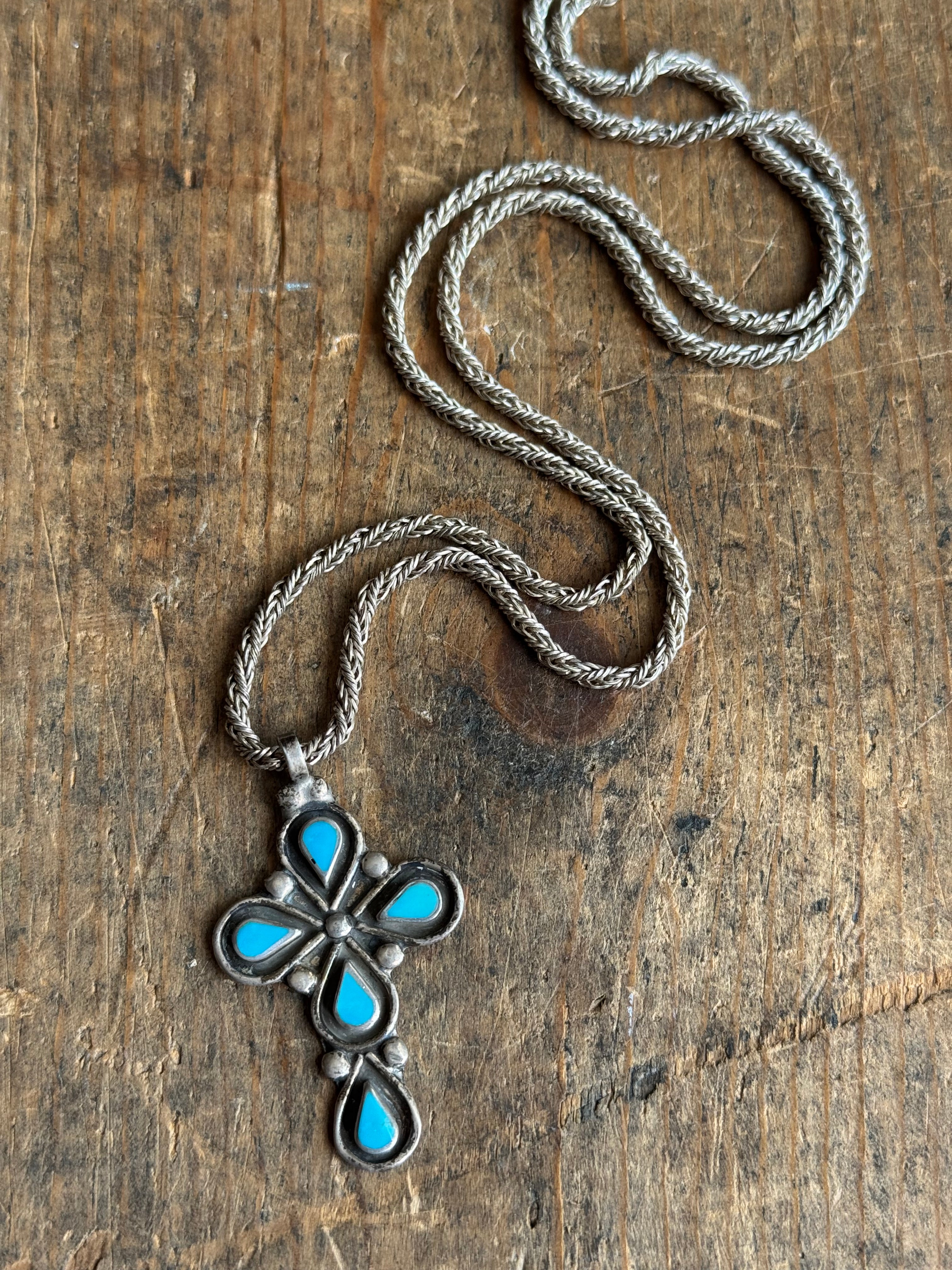 Vintage Sterling Silver Teardrop Turquoise Cross Necklace