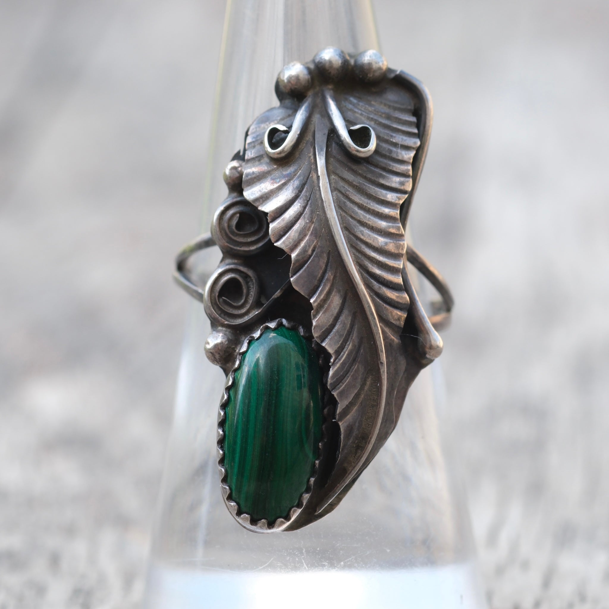 Vintage Sterling Malachite Feather Ring 7.5