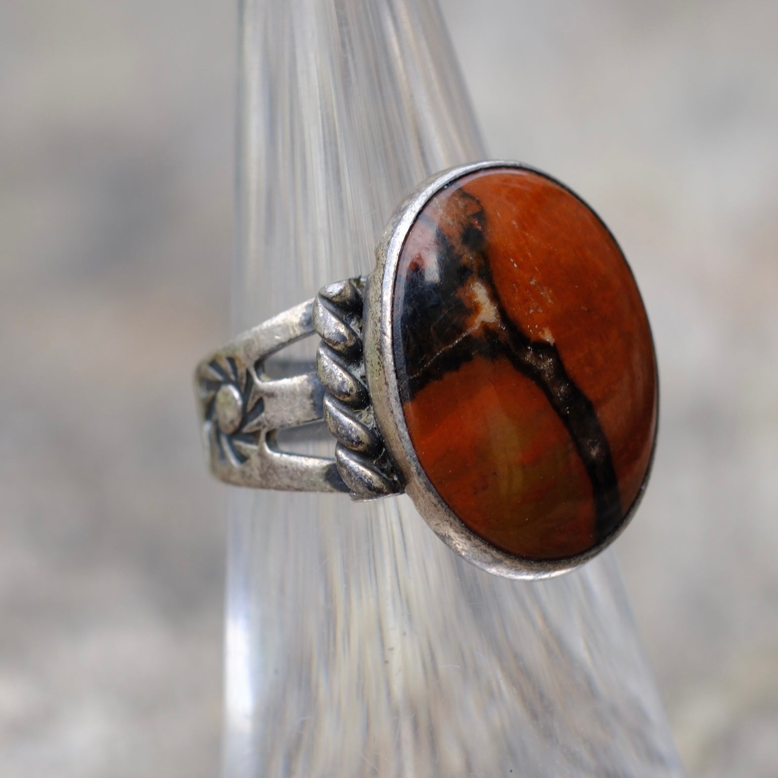Vintage Sterling Petrified Wood Ring 4.75