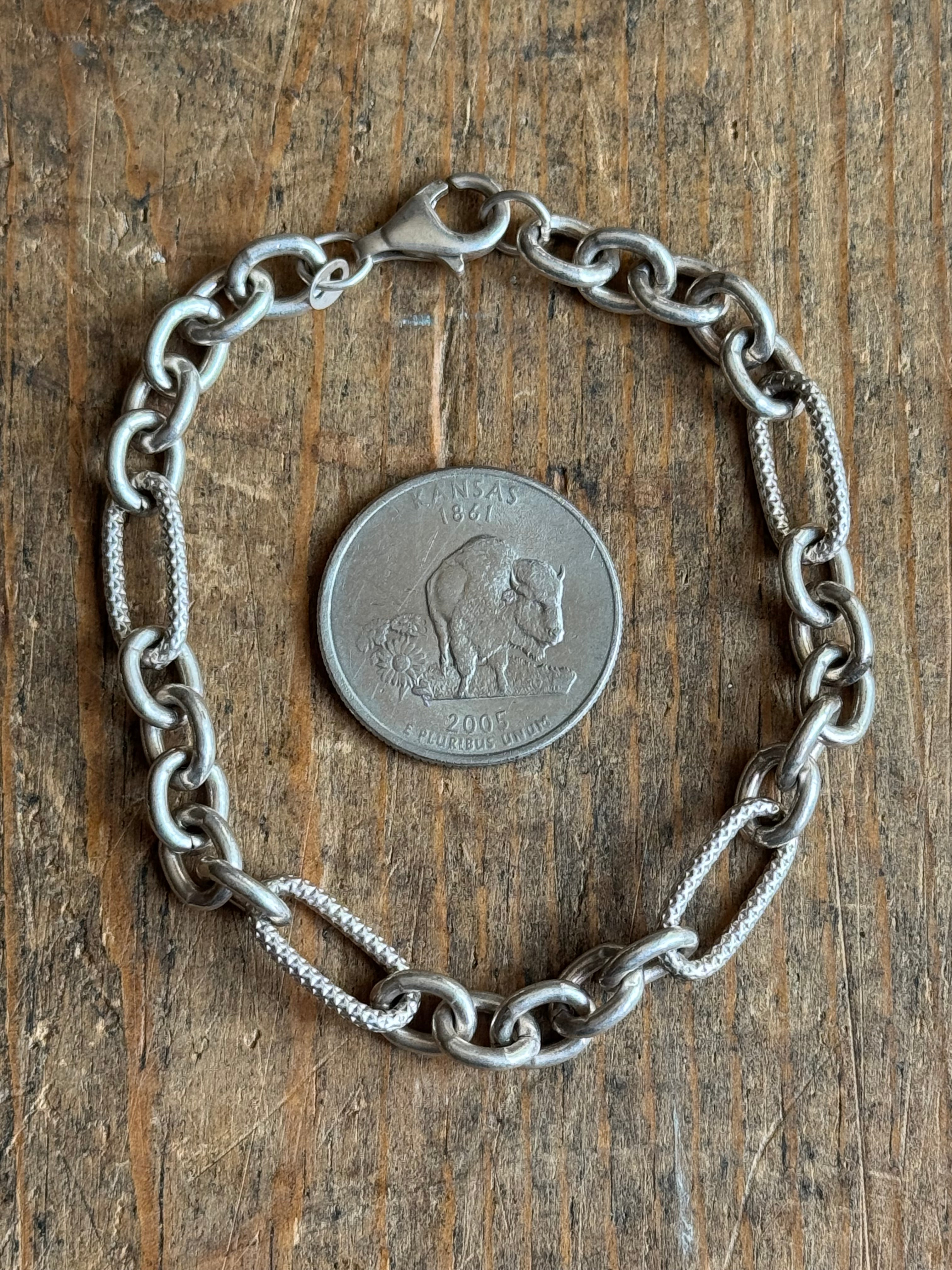 Vintage Sterling Silver 7.5” Textured Oval Cable Chain Bracelet