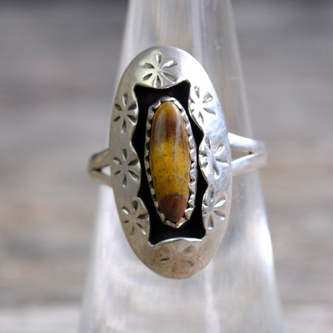 Vintage Sterling Tigers Eye Shadowbox Ring 6.25