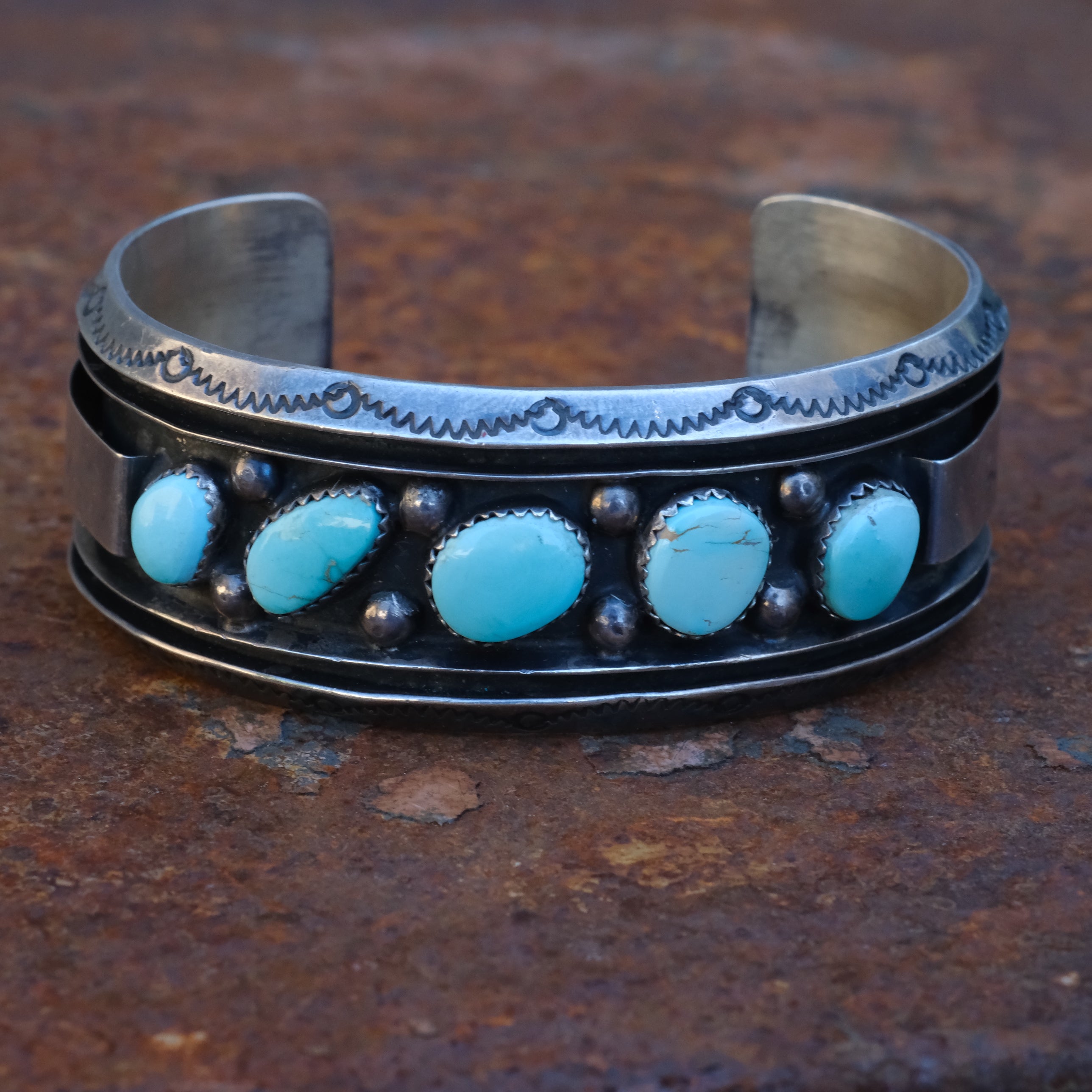 Vintage Sterling 5-Stone Turquoise Stamped Cuff Bracelet