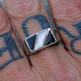Vintage Sterling Onyx and Mother Of Pearl Inlay Ring 10.75
