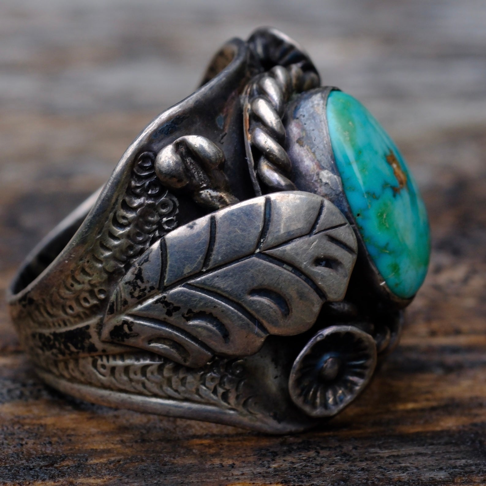 Vintage Sterling Turquoise Feather Ring 11.75