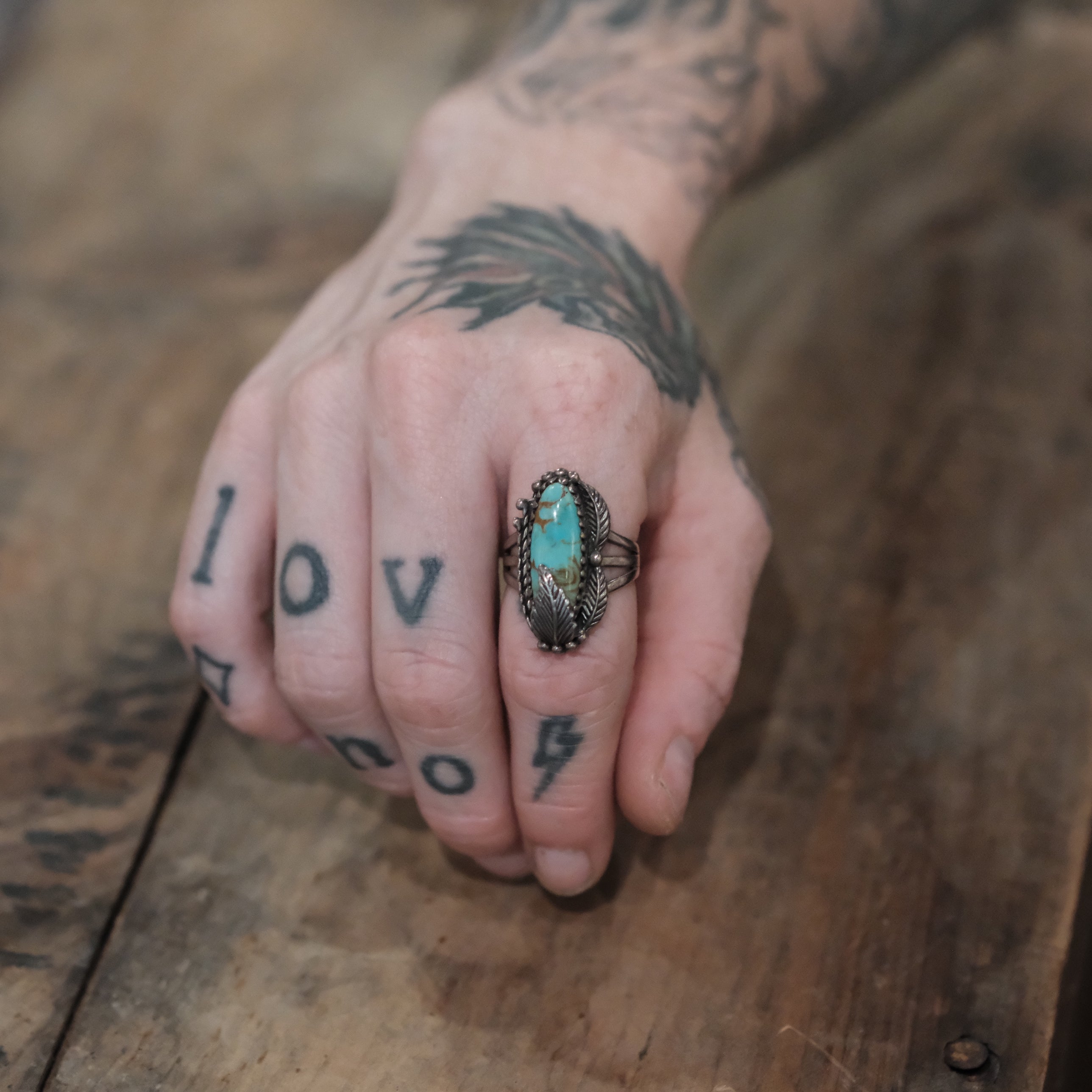 Vintage Sterling Turquoise Feather Ring 8.25