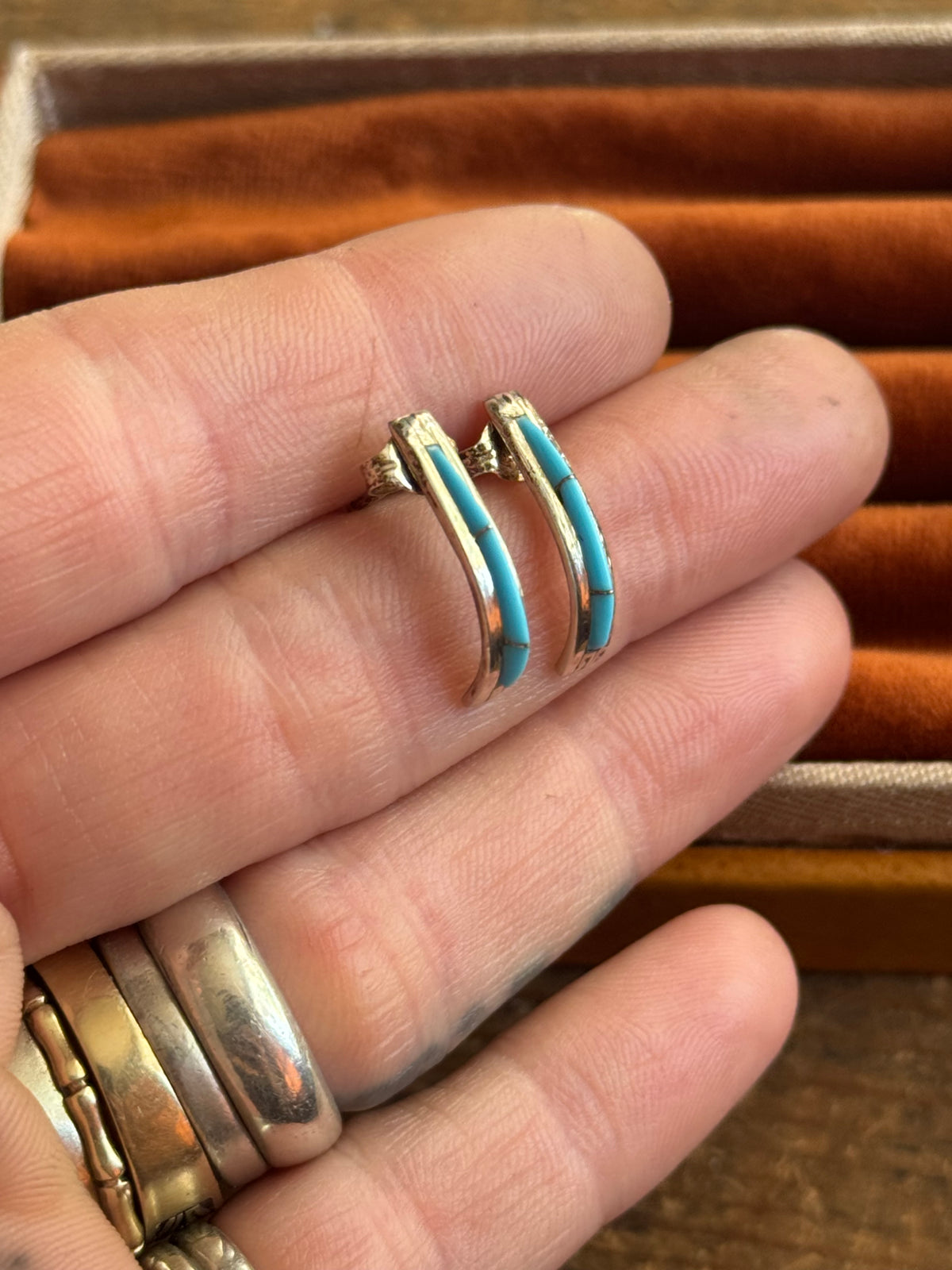 Vintage Sterling Silver Turquoise Inlay Crescent Hoops