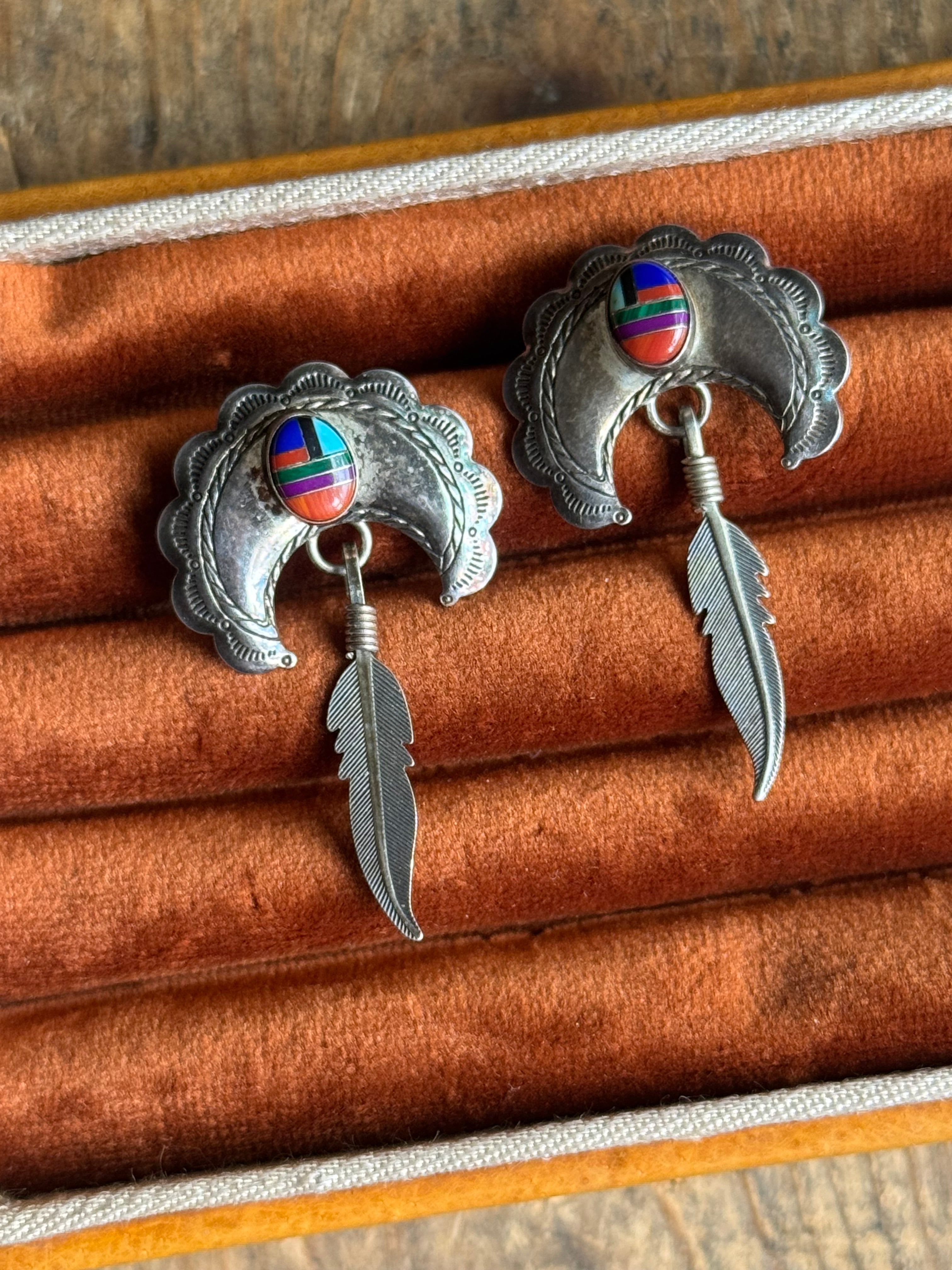 Vintage Sterling Silver Multistone Inlay Crescent Earrings