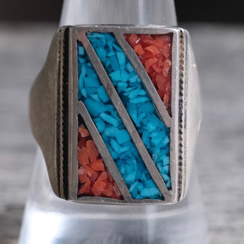 Vintage Sterling Crushed Turquoise and Coral Inlay Ring 9.5