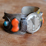Vintage Sterling Turquoise and Coral Horseshoe Watch Cuff Bracelet