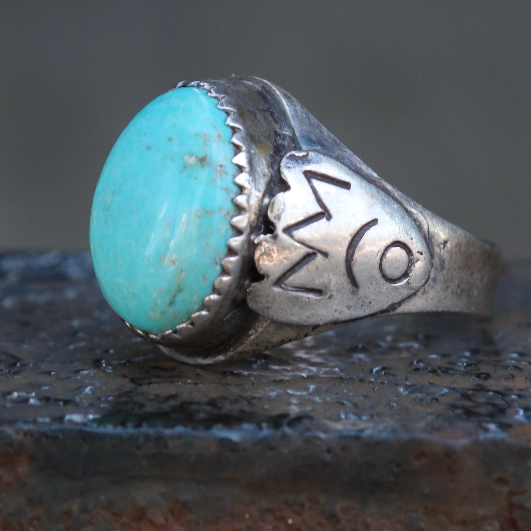 Vintage Sterling Turquoise Stamped Band Ring 8