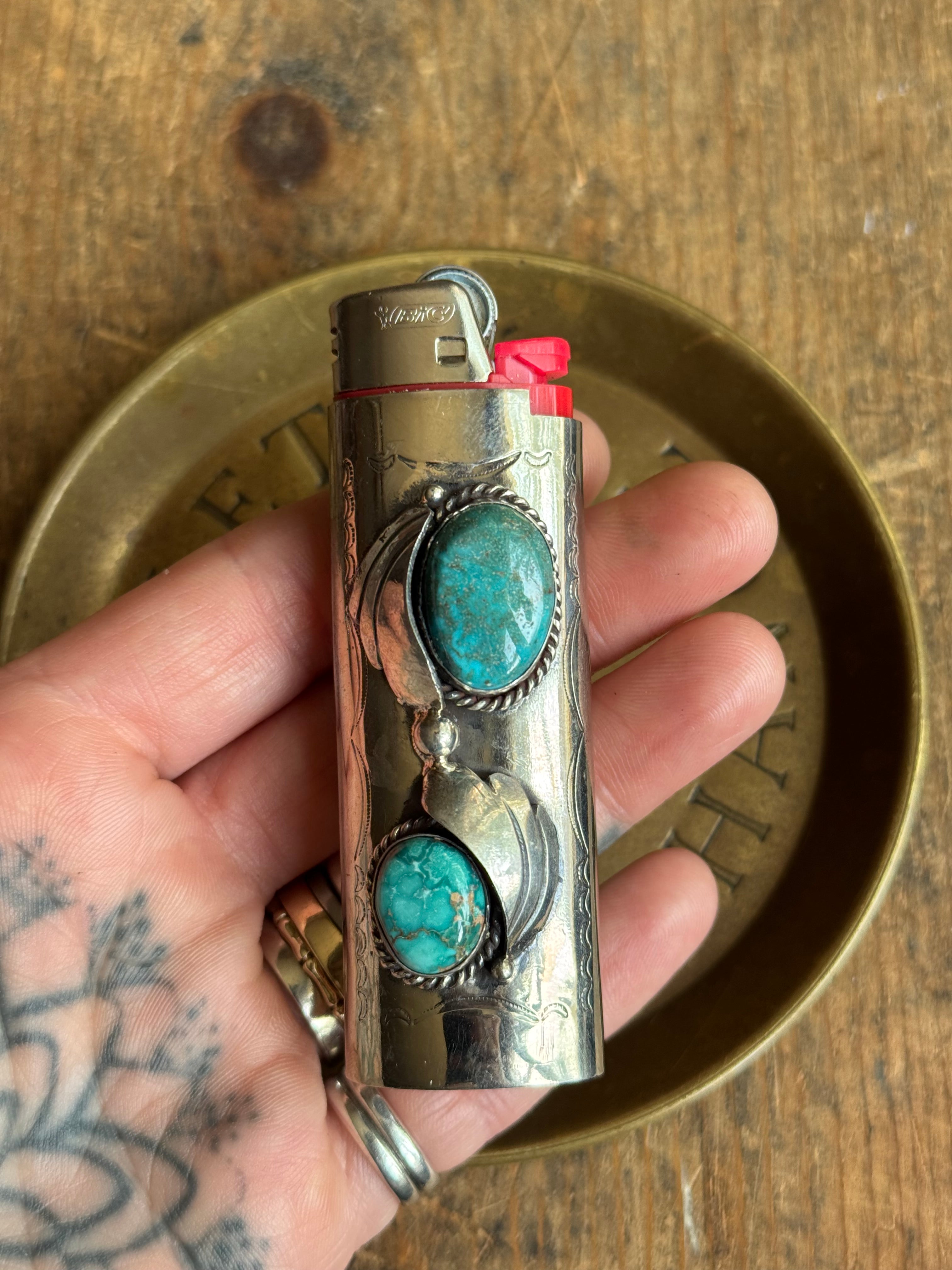 Vintage Stamped Nickel & Sterling Silver Turquoise Lighter Case