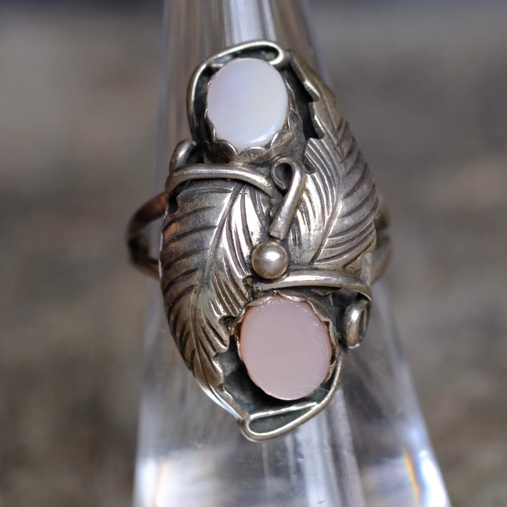 Vintage Sterling 2-Stone Mother Of Pearl Feather Ring 6.25